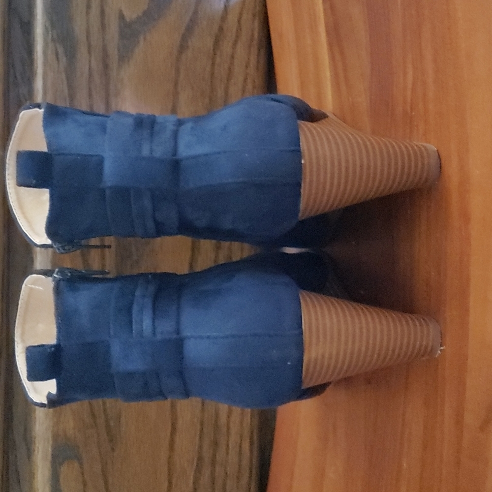 Journee Collection Navy Blue Suede Peep-Toe Ankle Booties - Picture 3 of 7